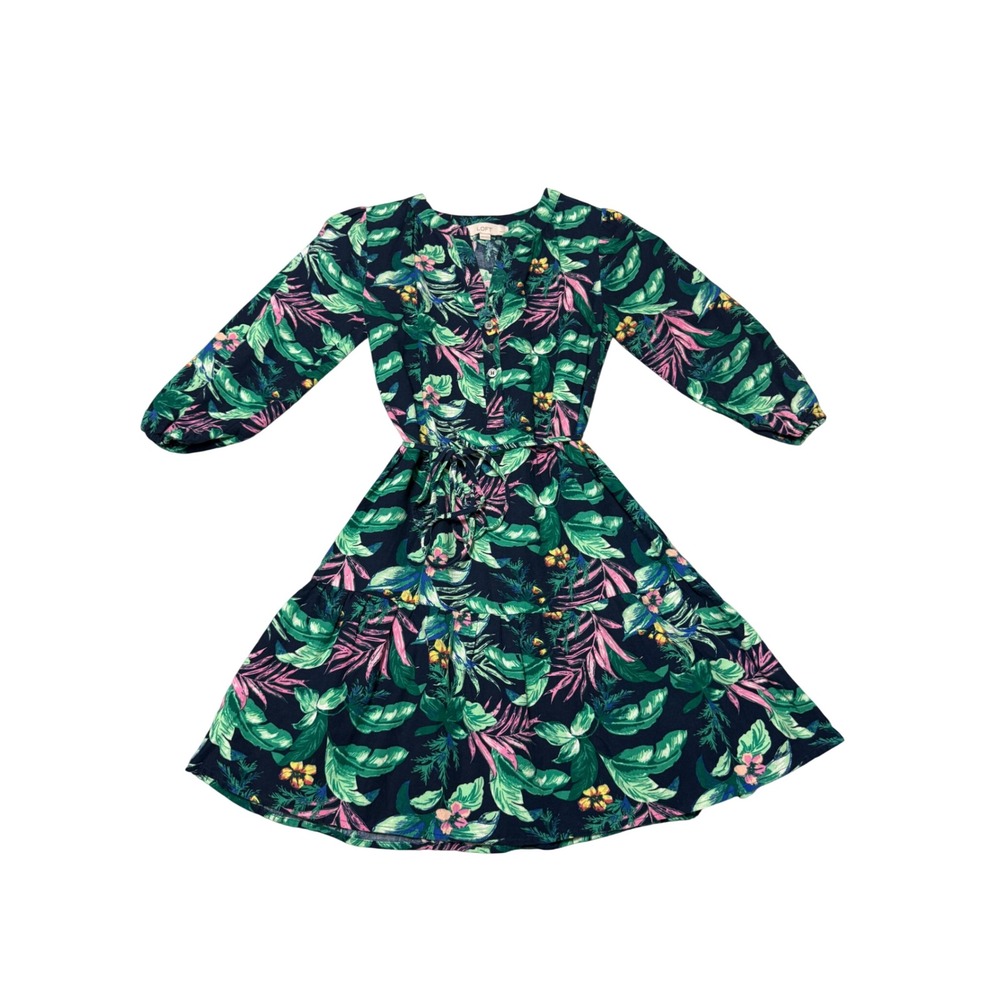 LOFT Petites Tiered Linen Blend Mini Dress Tropical Floral XXSP Navy Green